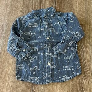 Carter's Blue Button Down Shirt with White Airplane Print